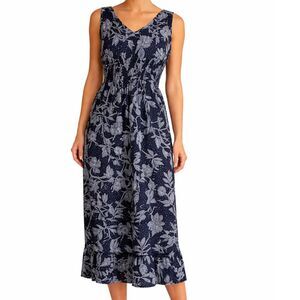 Sunny Side up women's 100% linen Tropical Floral Print Smocked waist Dress SZ XL